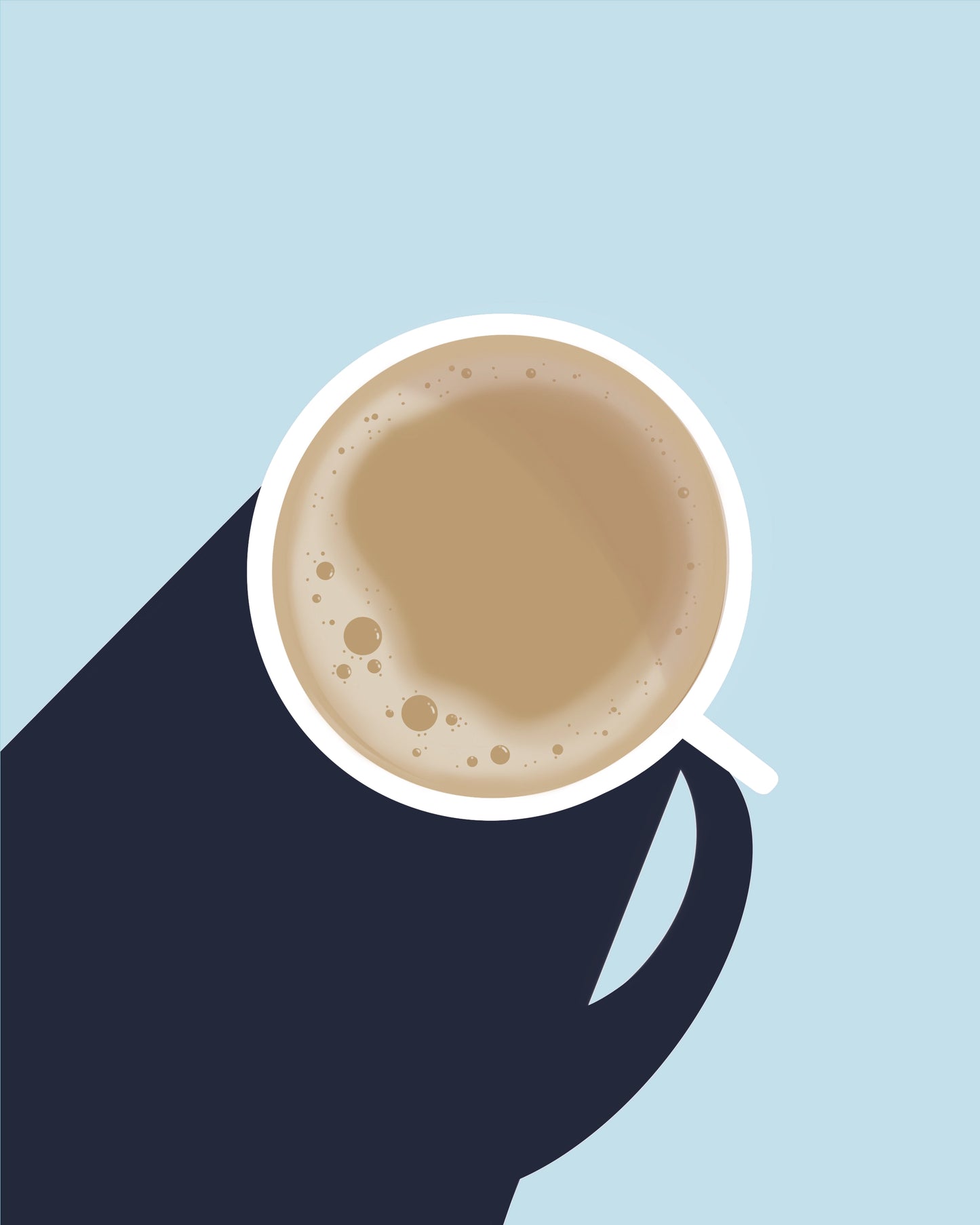 Vinyl art print sticker of a white latte cup with bubbles on a deep blue background, 3-inch size, by Claire Davis at InkBird Print Studio.