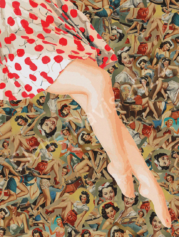 Cherry Pinup vinyl sticker by Claire Davis features red polka dot dress and retro pin-up collage; glossy adhesive, bold colors, 3-inch.