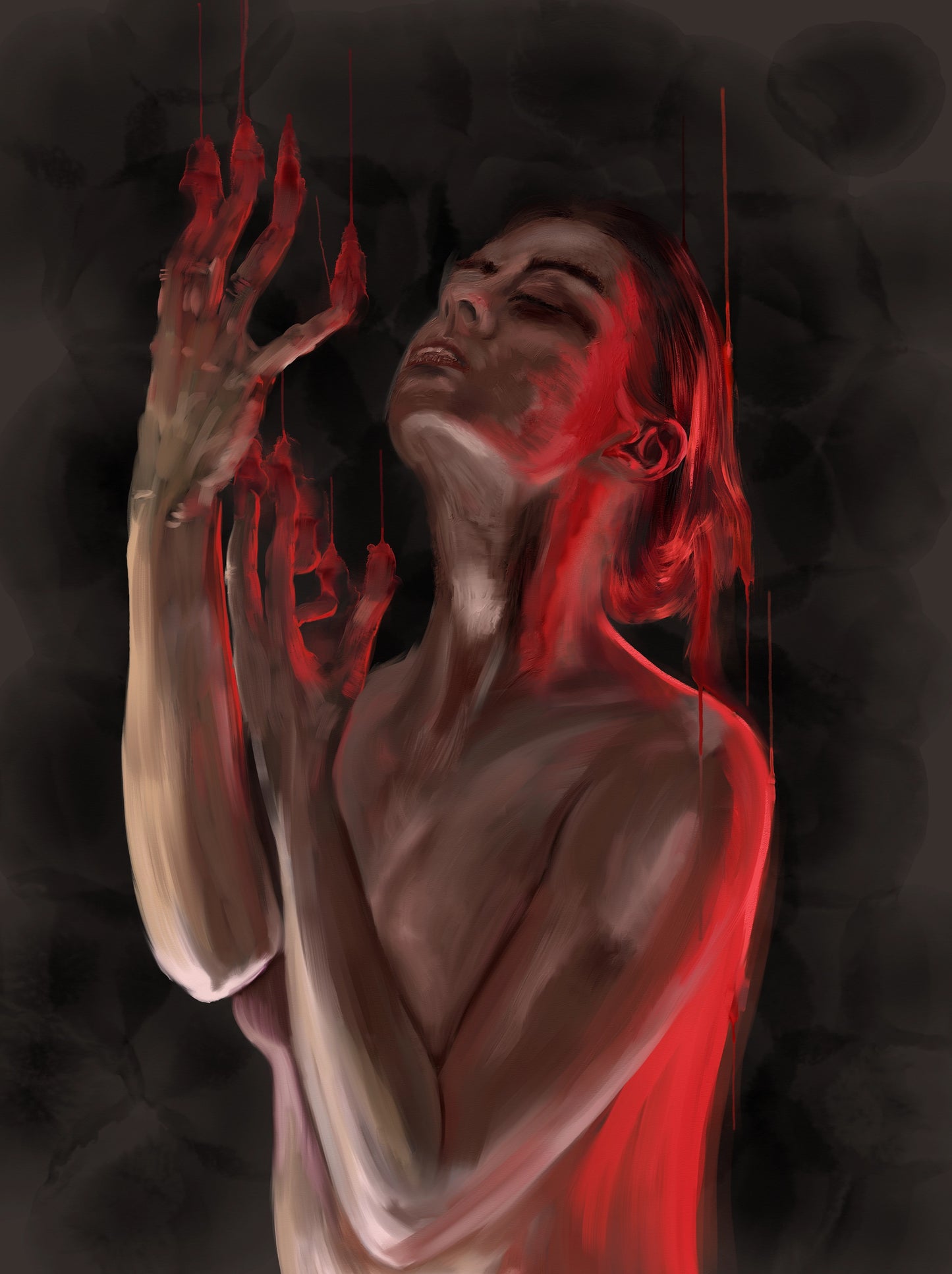 The Curse art print by Chris Luberger, glossy fine art paper, dramatic red-lit figure with hands raised and vivid dripping effect.