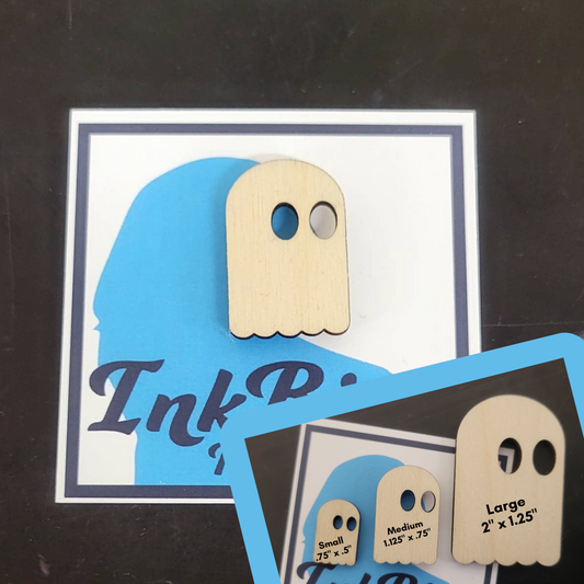 InkBird Print Studio’s NSFW BOOner Ghost Pin—laser-cut birch wood pin with eye holes, shown in small, medium, and large sizes.