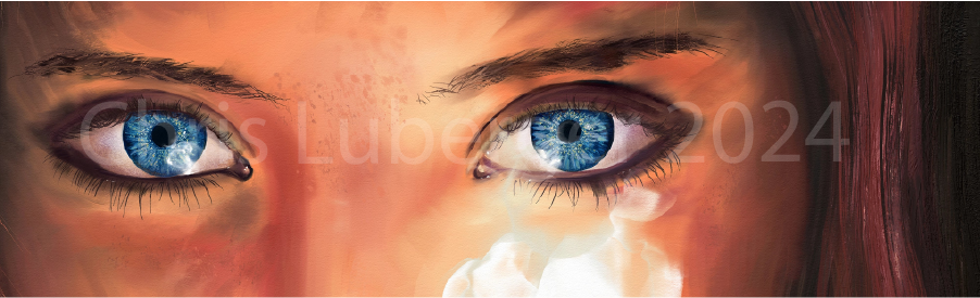 “Smolder” sticker by Chris Luberger of InkBird Print Studio features a vivid blue-eyed digital portrait with glossy, reflective detail, 3x4 inches.
