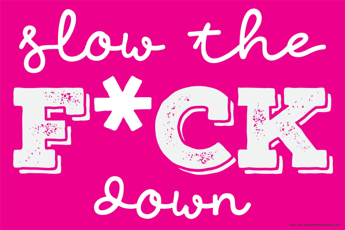 The Slow The F*ck Down (censored version) 18x24 vinyl yard sign in bright pink with bold white letters, UV-protected, includes stake for display.
