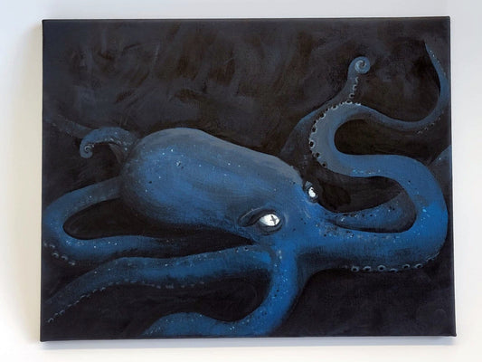 11x14 acrylic painting by InkBird Print Studio LLC of a blue octopus with large white eyes and curled tentacles on a dark background.