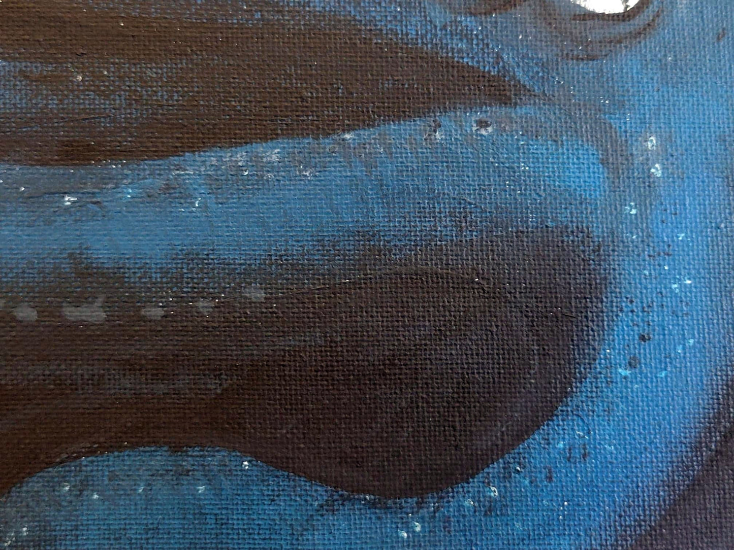 Close-up of 11x14 acrylic octopus painting print by InkBird Print Studio, abstract blue and black waves, white bubble details.