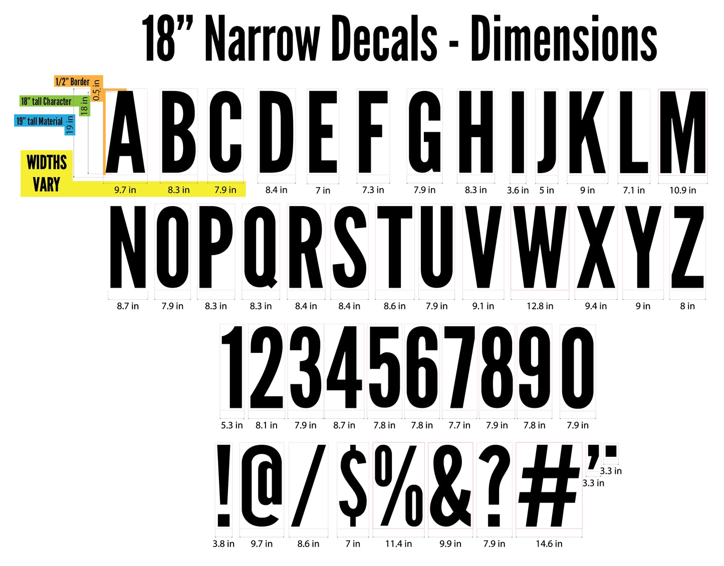 InkBird Print Studio 18 black vinyl adhesive decals—uppercase letters/numbers on white, select widths for I, M, W shown in yellow.