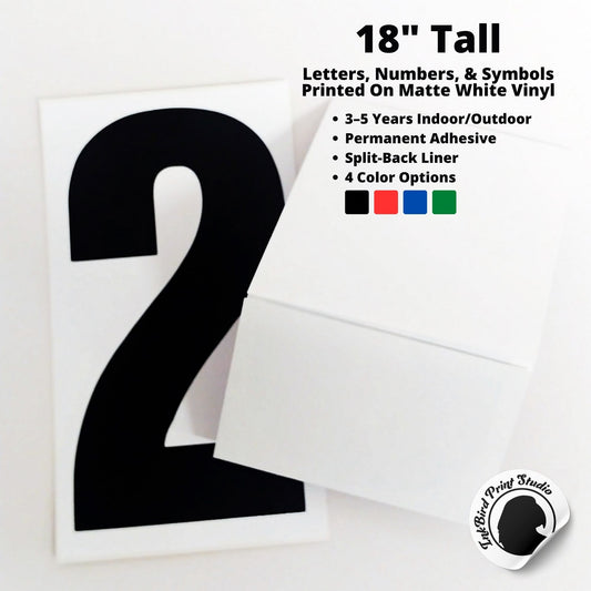 a black number 2 printed on matte white vinyl, next to another decal seen from the back, showing the split back liner. 

Printed text is 18 inches tall, letters numbers and symbols printed on matte white vinyl that is 19" tall (1/2" on all sides between the printed text and the edge of the decal)

3–5 Years Indoor/Outdoor
Permanent Adhesive
Split-Back Liner
4 Color Options  (black, red, blue, green)

The InkBird Print Studio logo is shown on the bottom right as a peeling sticker image.