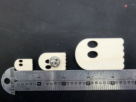 InkBird Print Studio laser cut birch wood ghost pins, natural light color, each has two eye holes; sizes shown by ruler in image.