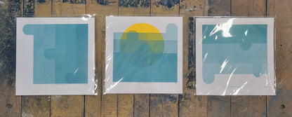 Set of three Blue Transparency I, II, III screen prints  by Claire Davis on vinyl by InkBird; geometric shapes, yellow semicircle center print.