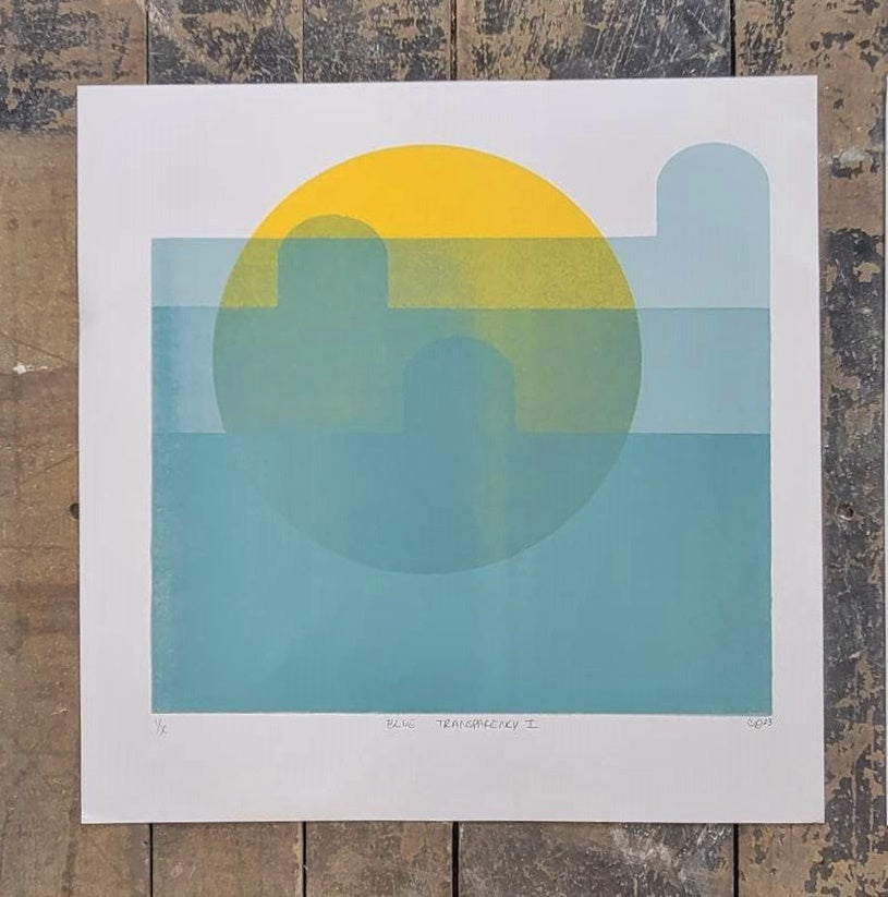 Set of 3 screen prints by Claire Davis of InkBird Print Studio on textured wood, with bold blue-yellow geometric layers and unique transparency effects.