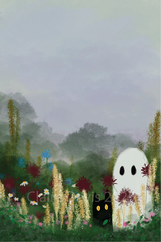 Among the Flowers vinyl art print shows a misty botanical scene, vivid blooms, ghost and black cat with yellow eyes peering from leaves.