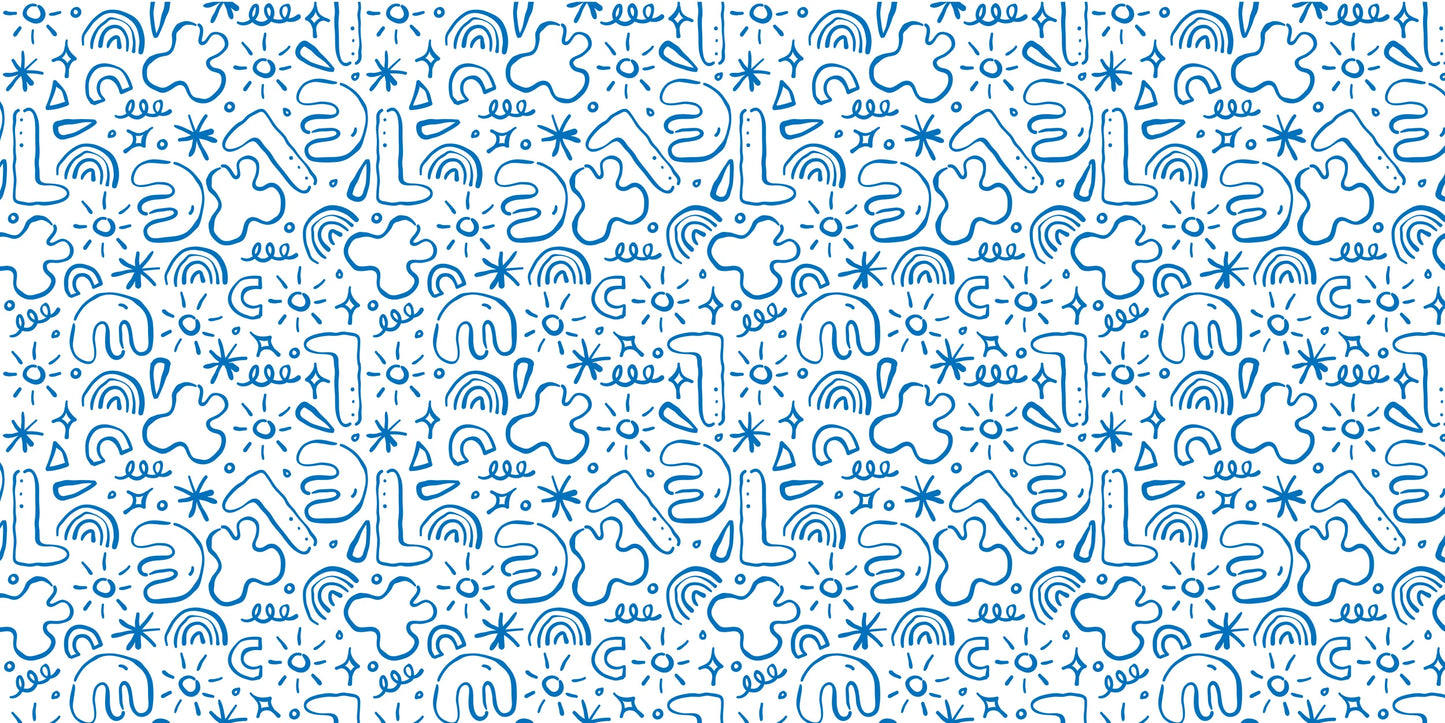 InkBird Print Studio blue doodle wrapping paper, white vinyl, seamless stars and squiggles pattern, playful gift wrap sheet.