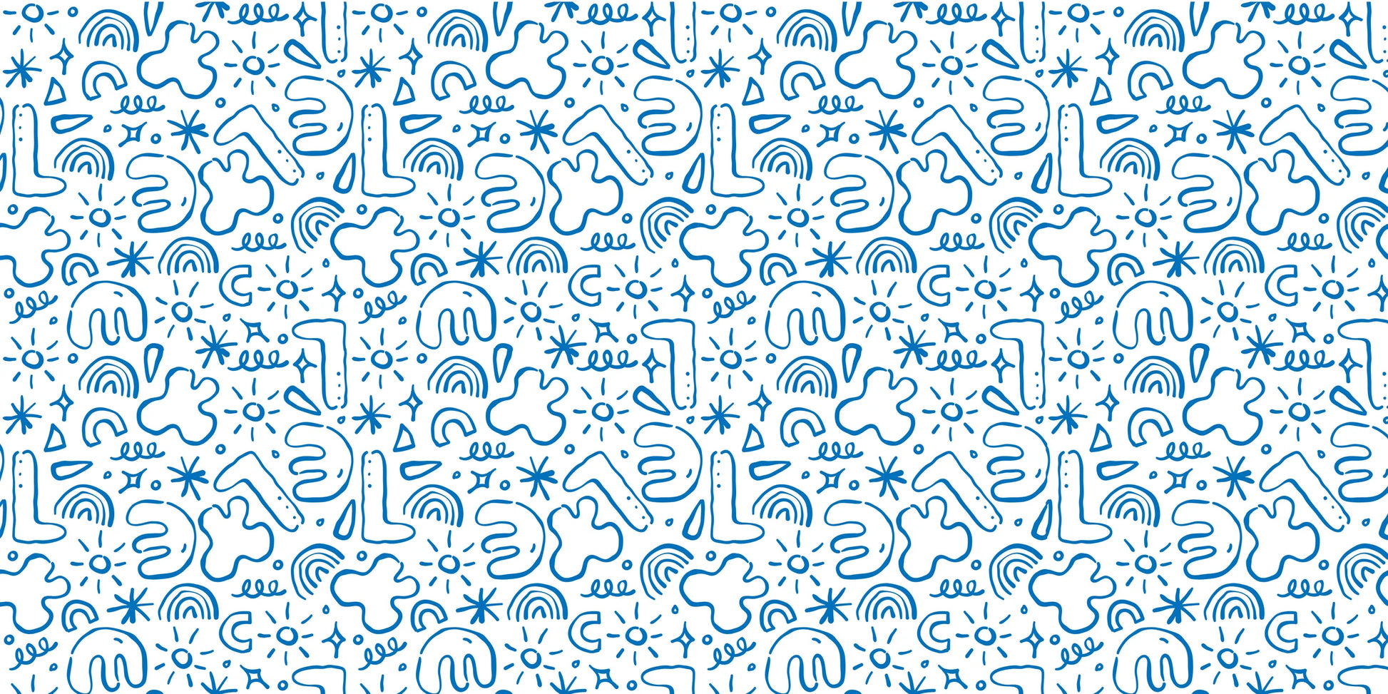 InkBird Print Studio blue doodle wrapping paper, white vinyl, seamless stars and squiggles pattern, playful gift wrap sheet.