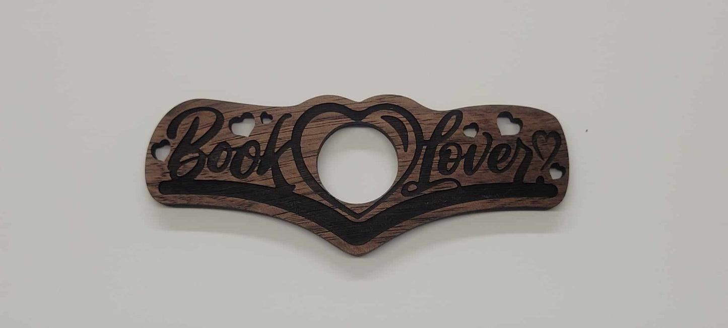 Walnut wood book holder with heart cutouts and Book Lover engraving, laser-cut by InkBird Print Studio, perfect for gifting.