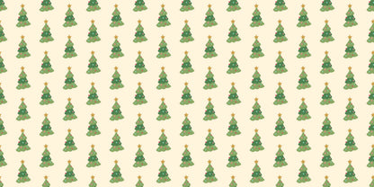 Christmas tree vinyl wrapping paper by InkBird Print Studio; beige, matte finish, green trees with yellow stars, seamless festive design.