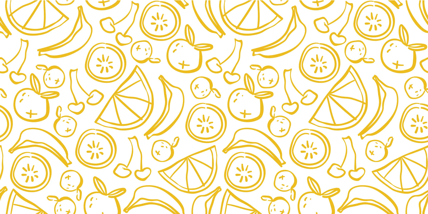 InkBird Print Studio vinyl wrapping paper, white with yellow hand-drawn fruit outlines; seamless, adhesive-backed design for gifts.