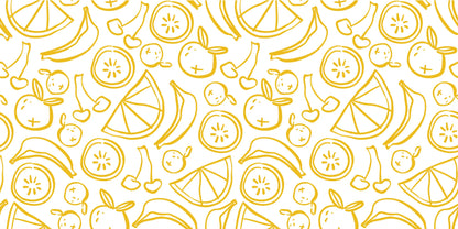 InkBird Print Studio vinyl wrapping paper, white with yellow hand-drawn fruit outlines; seamless, adhesive-backed design for gifts.
