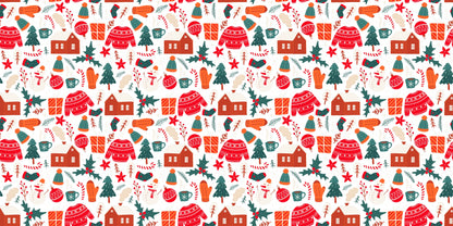 Holiday wrapping paper by InkBird Print Studio, vinyl finish, white base with red sweaters, mittens, trees, candy canes; 24x36 inches.