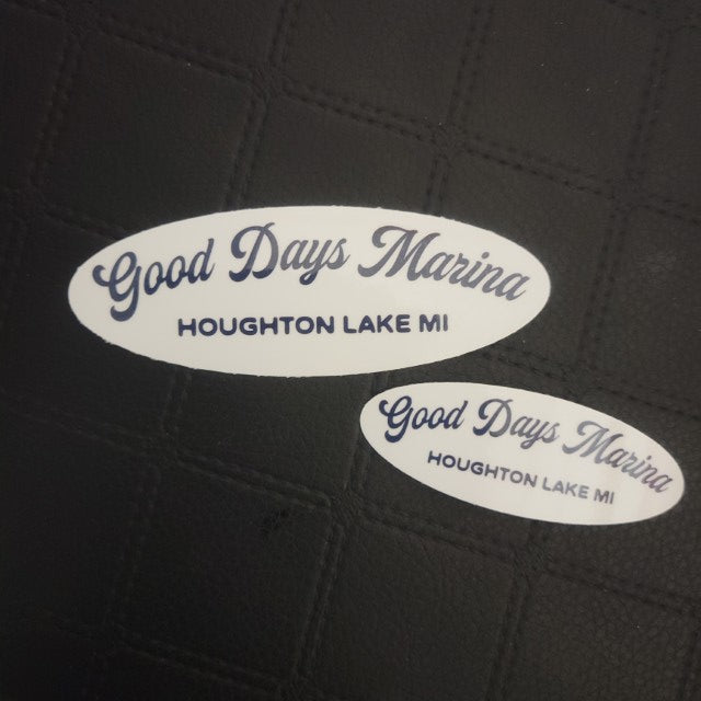 Two vinyl die cut stickers from InkBird Print Studio, Good Days Marina in script and Houghton Lake MI, two sizes, adhesive backing.