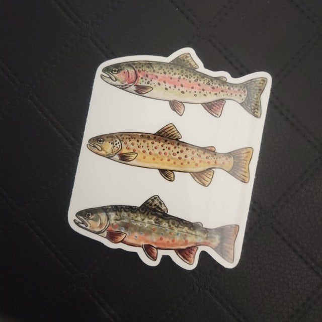 Vinyl die cut sticker by InkBird Print Studio with three vibrant, patterned fish; vertical design, strong adhesive, custom contour cut. Printed for Good Days Marina