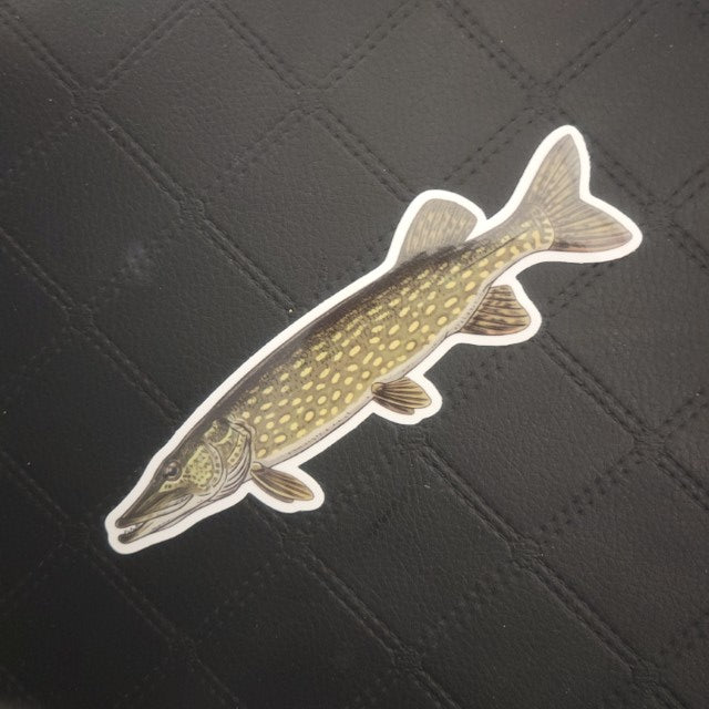 Premium vinyl die cut sticker of a green northern pike with yellow spots, glossy finish, on black diagonal-texture background. Printed for Good Days Marina