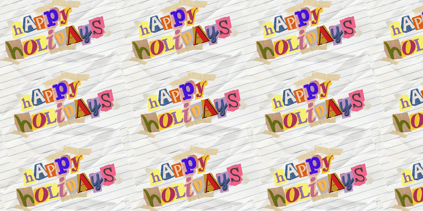 InkBird Print Studio’s vinyl wrapping paper showcases “happy holidays” in colorful magazine cutout letters on lined paper with yellow tape.