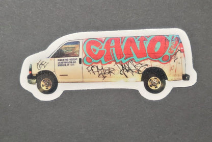 Custom vinyl die cut stickers from InkBird Print Studio LLC on a white van with vibrant graffiti, red and blue CANO! text visible.