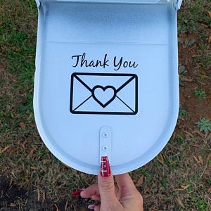 Glossy vinyl Thank You decal for mailbox interior by InkBird Print Studio, envelope with heart, white adhesive, red text.