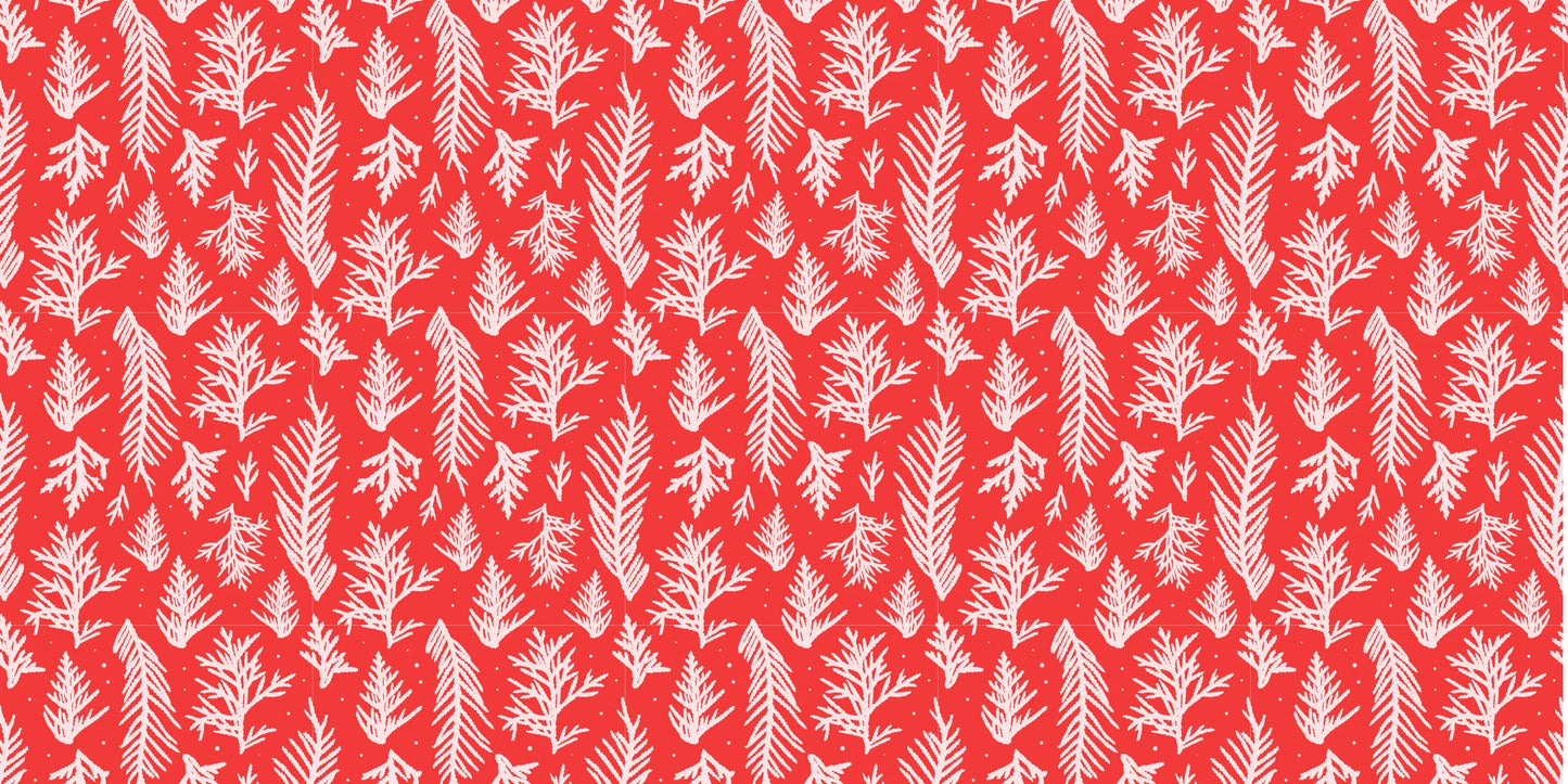 Festive vinyl gift wrap, InkBird Print Studio, red with white pine and fir branches; seamless holiday design for custom wrapping.