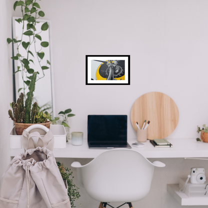 Unframed 6-color screen print of the WWII TMB-3 Avenger 309 bomber by Claire Davis of InkBird Print Studio on premium matte stock, hanging above a minimal white desk.