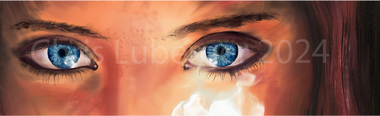 “Smolder” sticker by Chris Luberger of InkBird Print Studio features a vivid blue-eyed digital portrait with glossy, reflective detail, 3x4 inches.