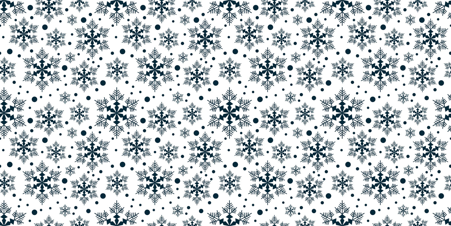InkBird Print Studios vinyl gift wrap shows navy snowflakes and dots on pale background; smooth adhesive, subtle shine, winter design.