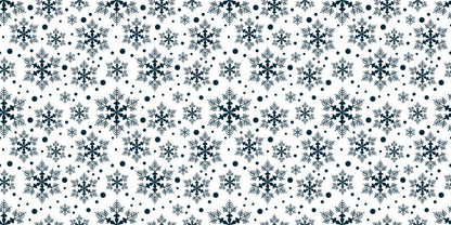 InkBird Print Studios vinyl gift wrap shows navy snowflakes and dots on pale background; smooth adhesive, subtle shine, winter design.