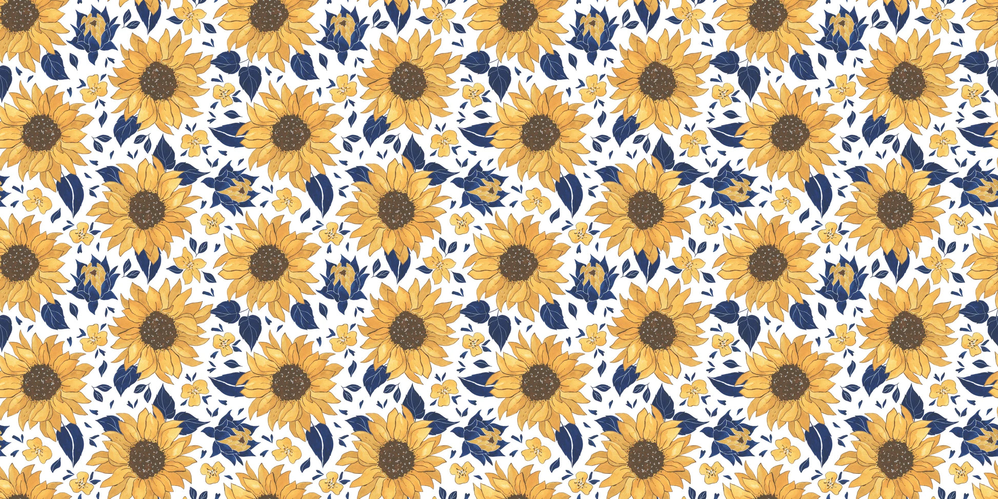 Yellow sunflower wrapping paper by InkBird Print Studio, vinyl, adhesive-backed, white base with blue/yellow leaves and brown centers.