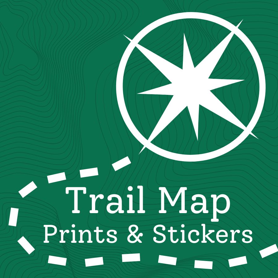 Green graphic with a white compass rose icon and the text 'Trail Map Prints & Stickers' on a topographic-style green background.