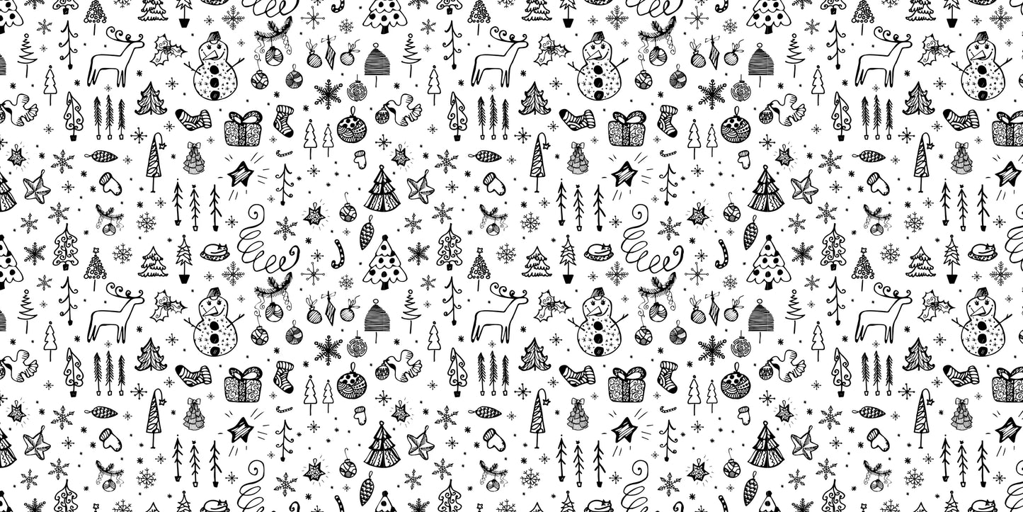 InkBird Print Studio Christmas wrapping paper, glossy white vinyl with cute doodle pattern; snowmen, reindeer, trees. 30x20 inch roll.