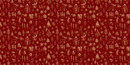 Red vinyl Christmas wrapping paper by InkBird Print Studio with gold snowmen, reindeer, trees; seamless festive pattern, gift size.