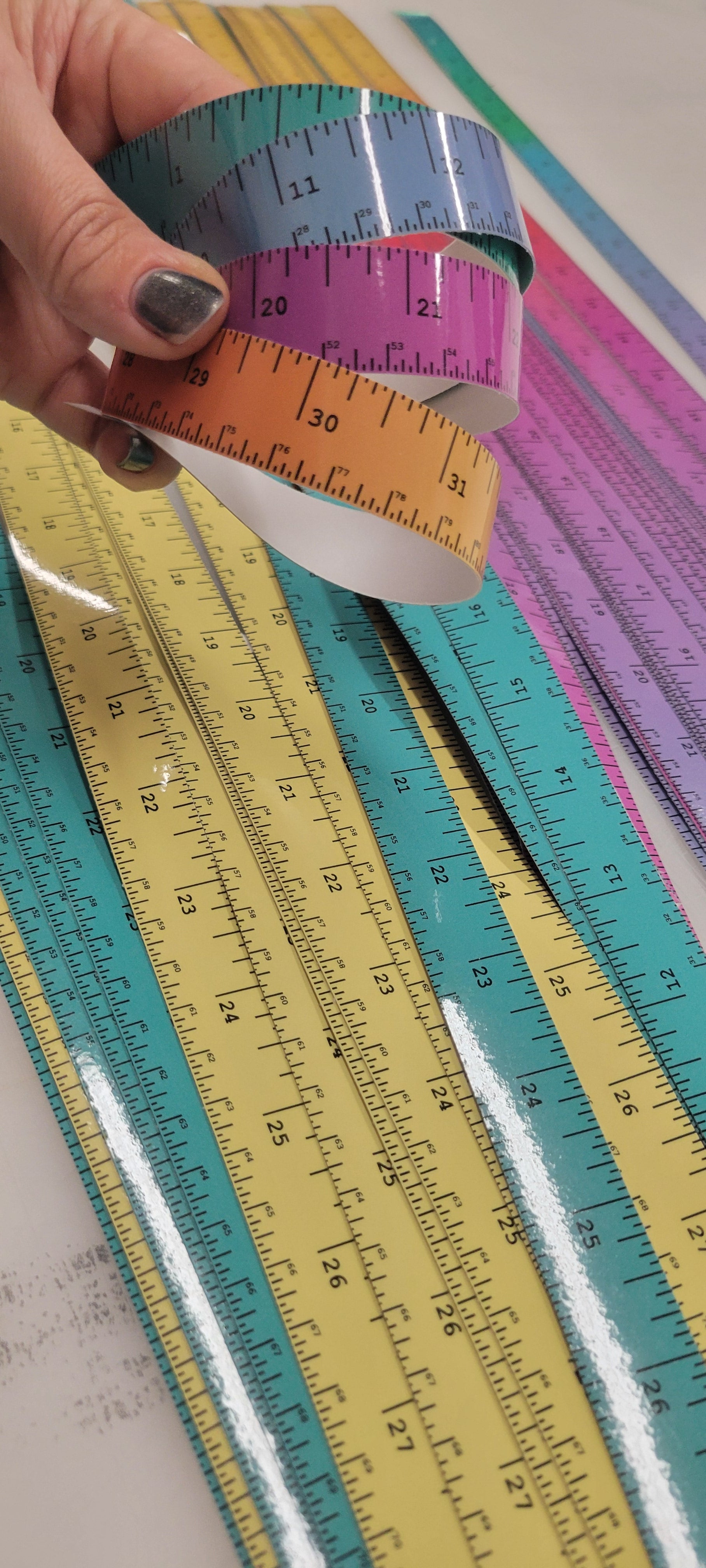 InkBird Print Studio adhesive vinyl rulers, inches and centimeters, in yellow, teal, purple; flexible, durable, easy stick & peel.