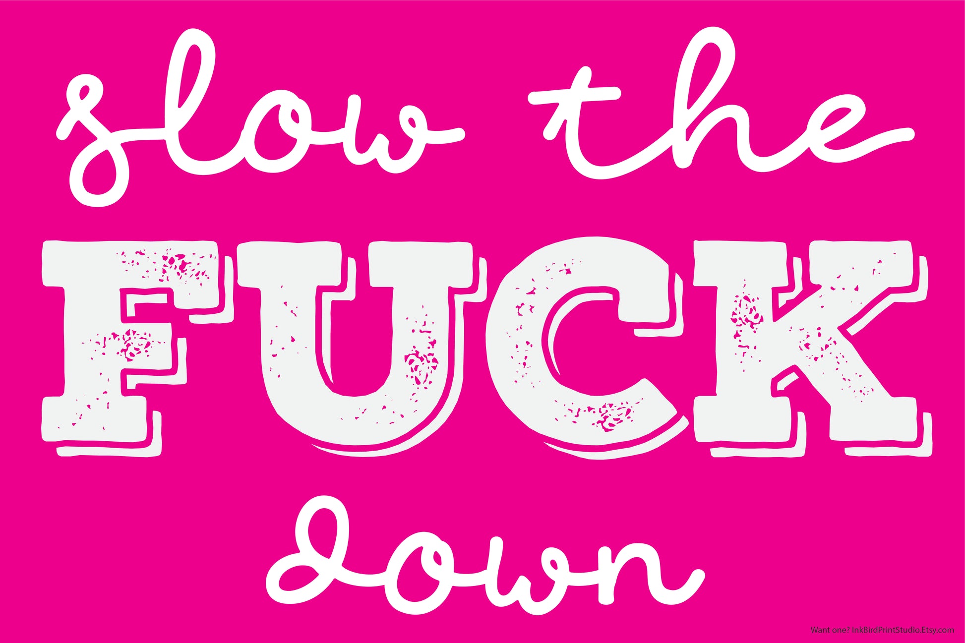 18x24 vinyl yard sign in hot pink with bold distressed white text “slow the Fuck down”; uncensored, comes with stake; by InkBird Print Studio.