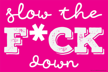 The Slow The F*ck Down (censored version) 18x24 vinyl yard sign in bright pink with bold white letters, UV-protected, includes stake for display.