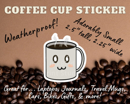 Weatherproof vinyl coffee cup sticker with a cute smiling mug on coffee beans, 2.5 x 2.25, perfect for decorating laptops.