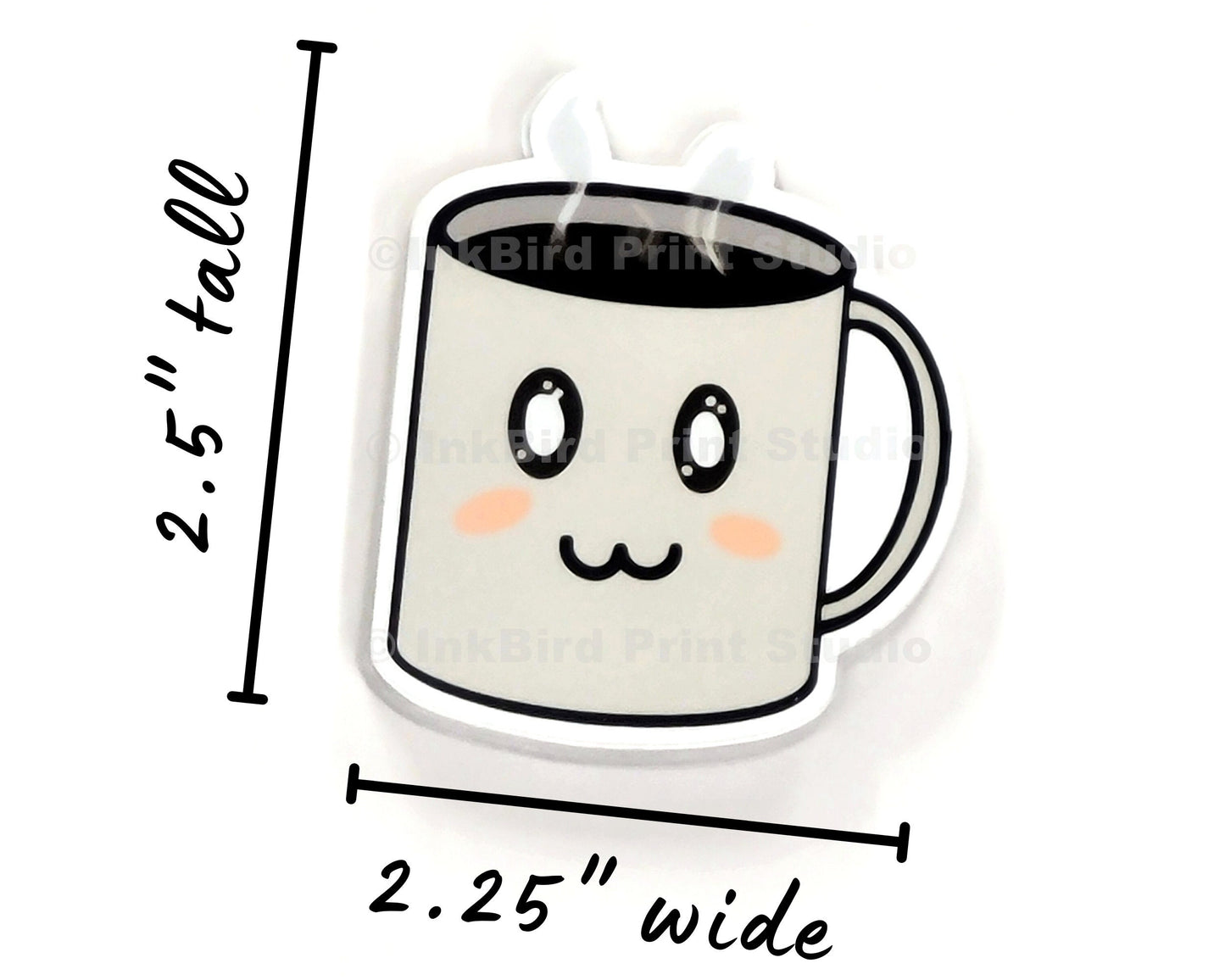 Vinyl coffee cup sticker by InkBird Print Studio, 2.5 x 2.25, cute cartoon mug with smile, steam, and visible measurements.