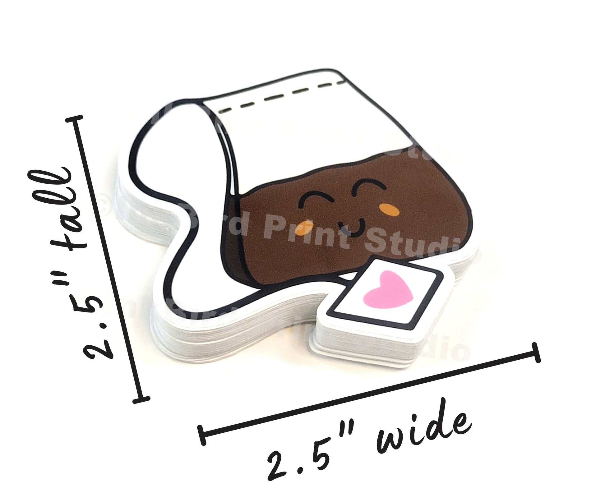 Weatherproof vinyl sticker shaped like a smiling tea bag with a red heart tag, 2.5x2.5, crisp white background for tea lovers.