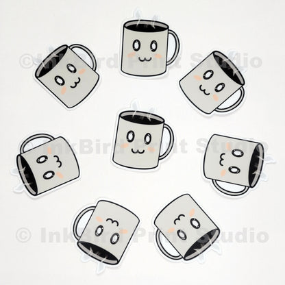 Vinyl coffee cup sticker set by InkBird Print Studio, eight colorful mugs with blushing faces and steam, 2-inch adhesive decals.