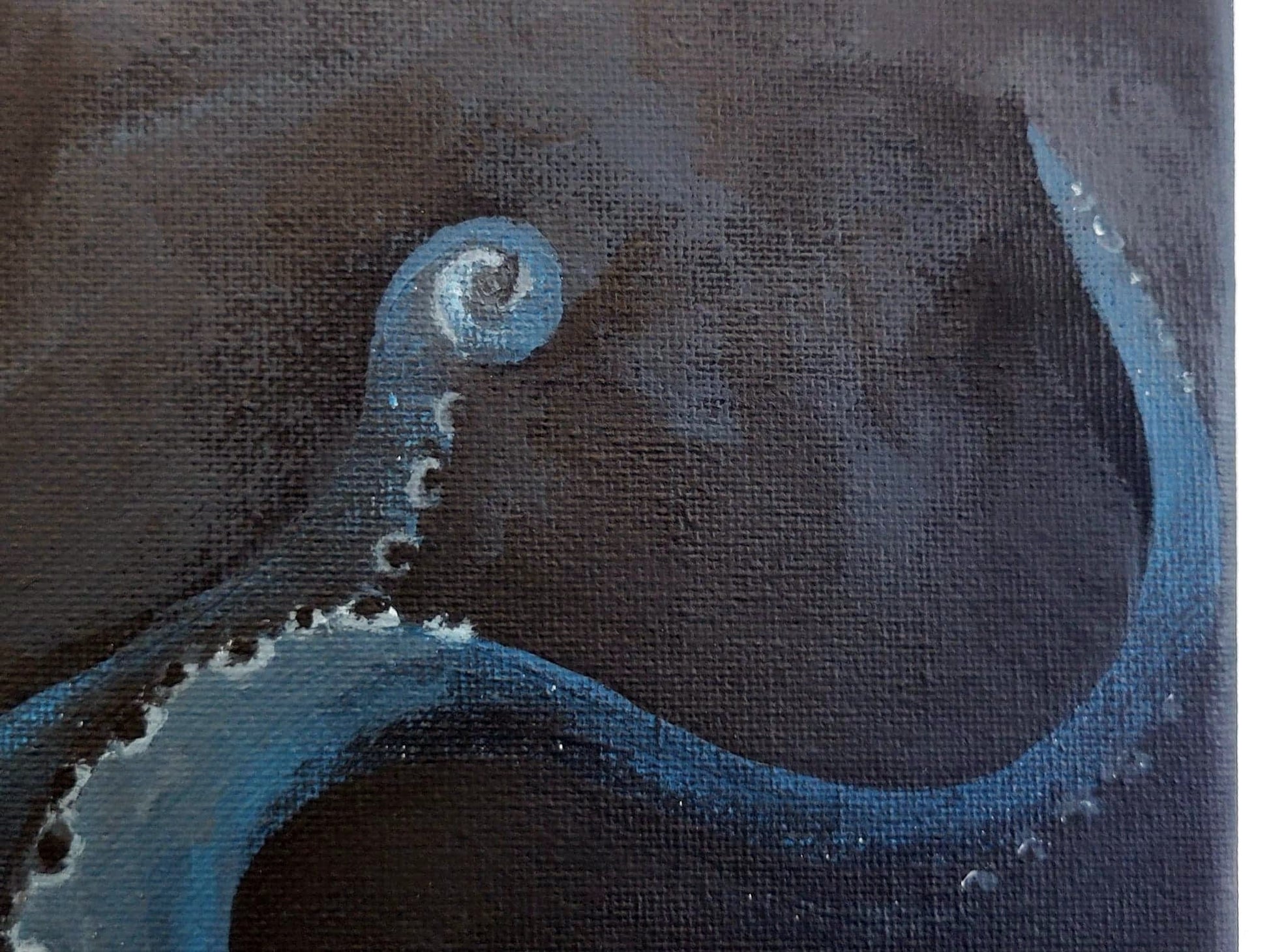 Acrylic octopus wall art, 11x14, blue tentacle with suction cups on dark background, textured finish by InkBird Print Studio LLC.