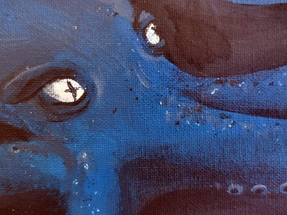 Octopus art print on glossy vinyl, 11x14, features vivid blue tones, textured brushstrokes, bold eyes; by InkBird Print Studio.