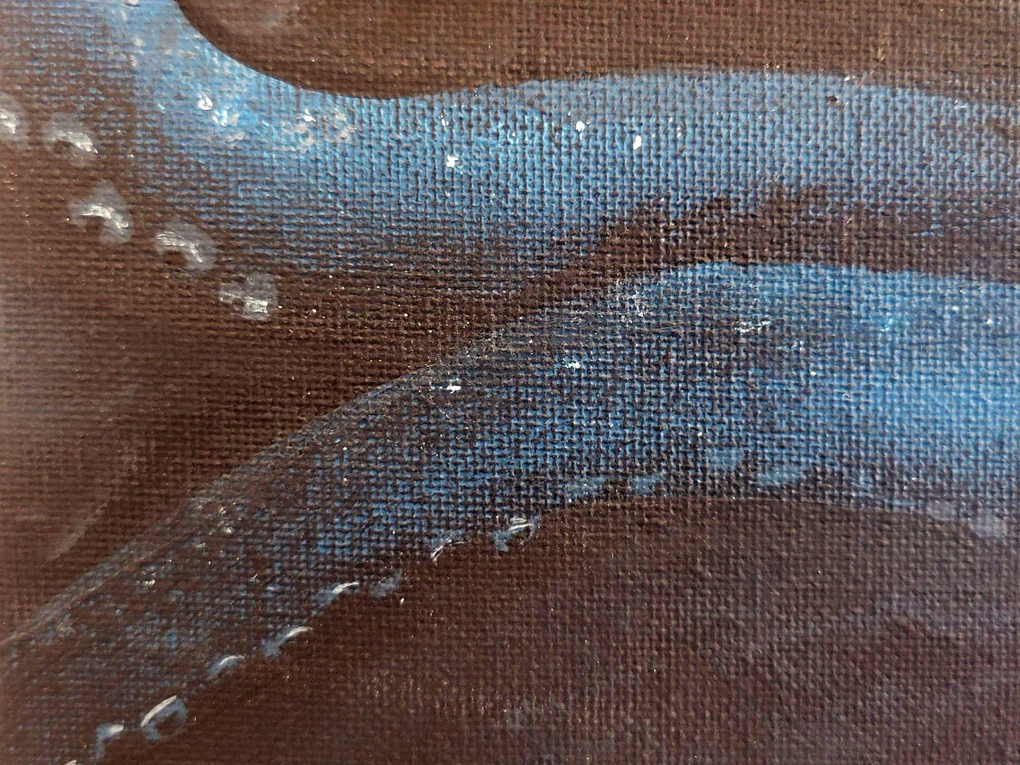 Acrylic octopus art print by InkBird Print Studio, 11x14, blue tentacles and white suction cups on a deep brown background.