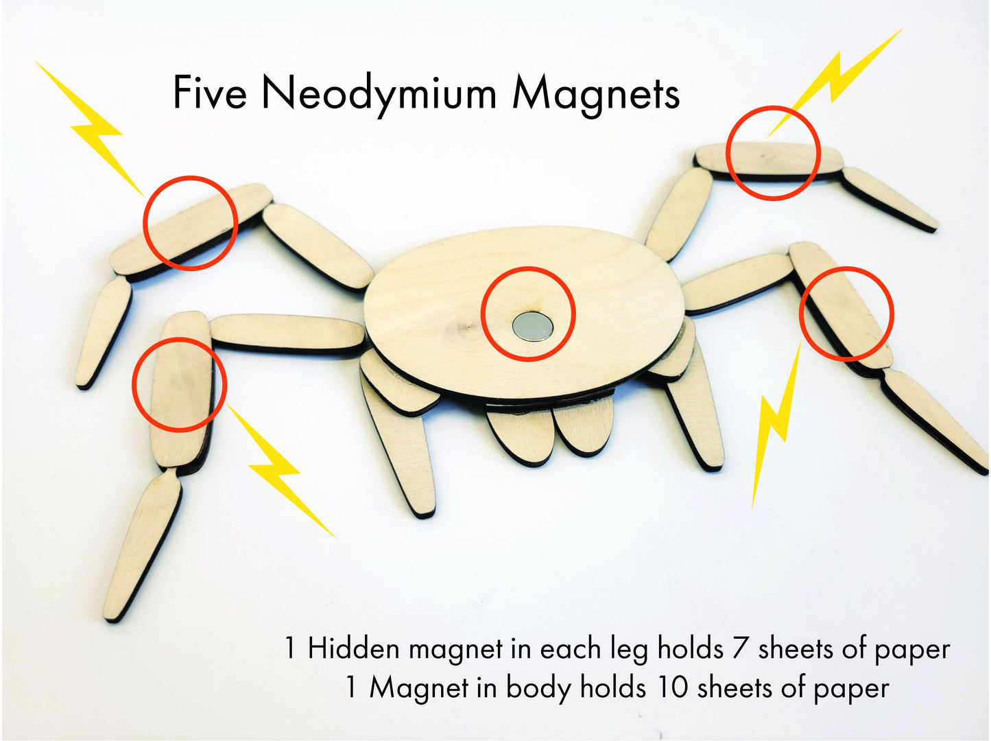 Laser-etched wood Spider Magnet by InkBird Print Studio, five neodymium magnets locations shown with red circles, yellow lightning icons, capacity text.