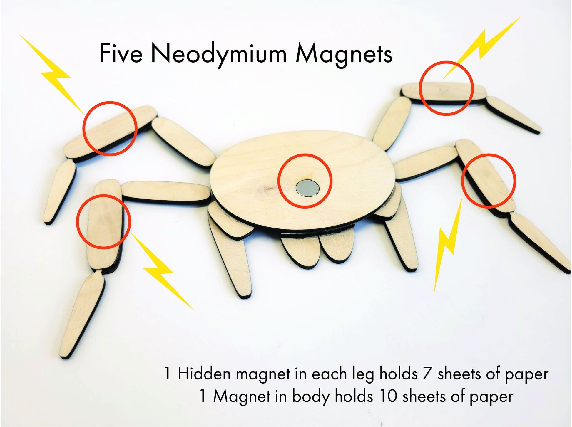 Laser-etched wood Spider Magnet by InkBird Print Studio, five neodymium magnets locations shown with red circles, yellow lightning icons, capacity text.