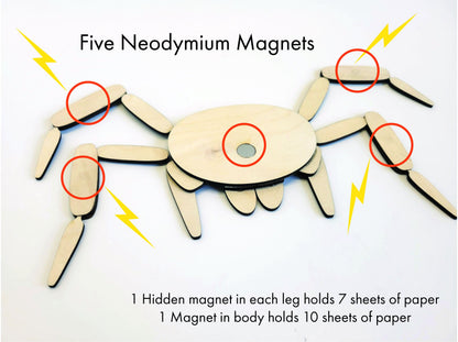 Laser-etched wood Spider Magnet by InkBird Print Studio, five neodymium magnets locations shown with red circles, yellow lightning icons, capacity text.